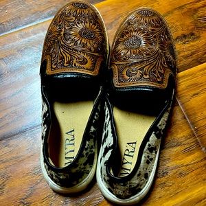 Cowhide and tooled leather slip on flats